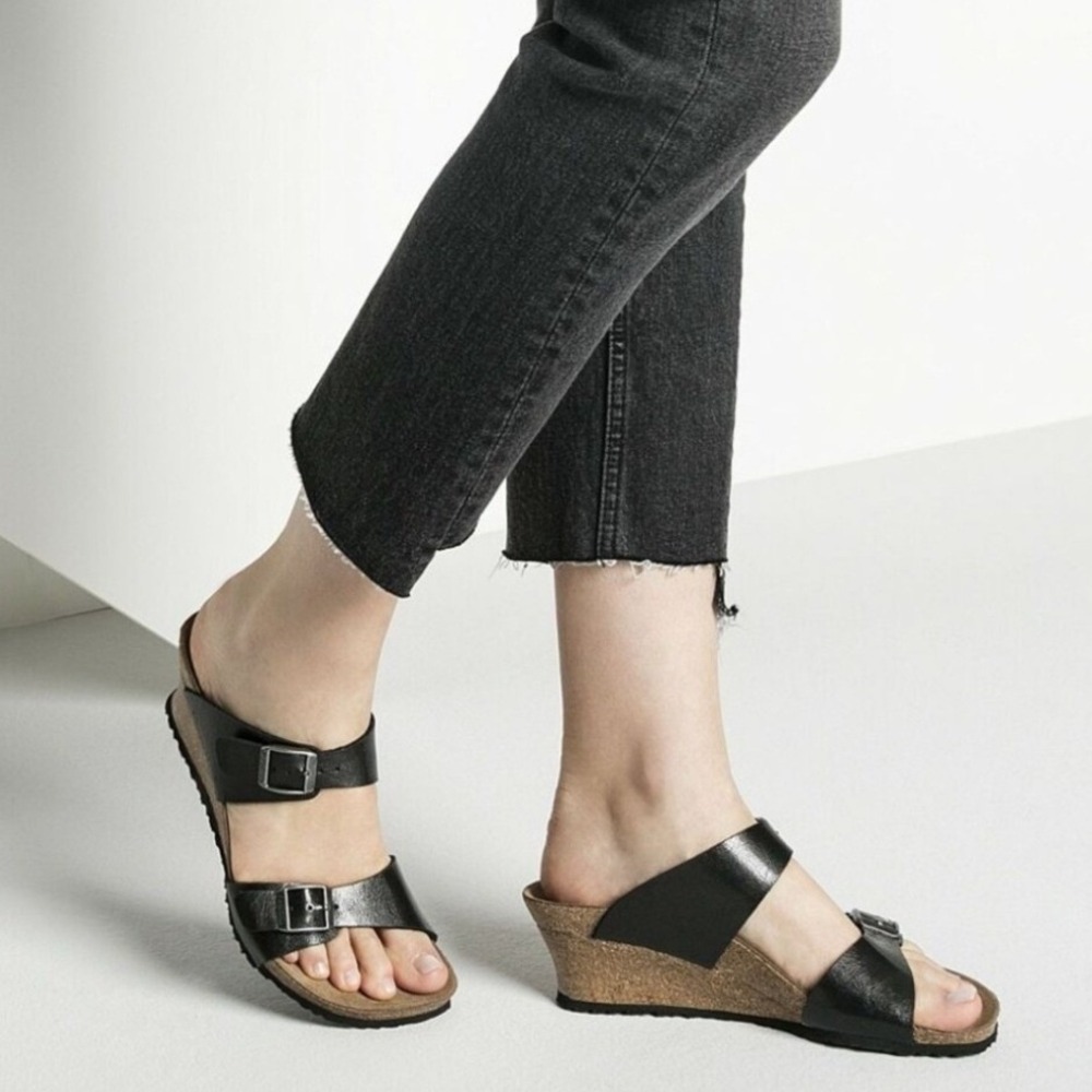 Papillio Birkenstock Dorothy Birko Flor Licorice Black Leather Wedge EU 38 US 7